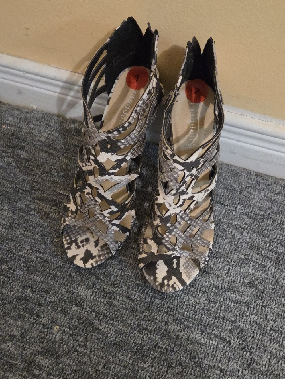 Madden Girl Snake-Print Strappy High Heel Sandals in Beige, Black, and Gray